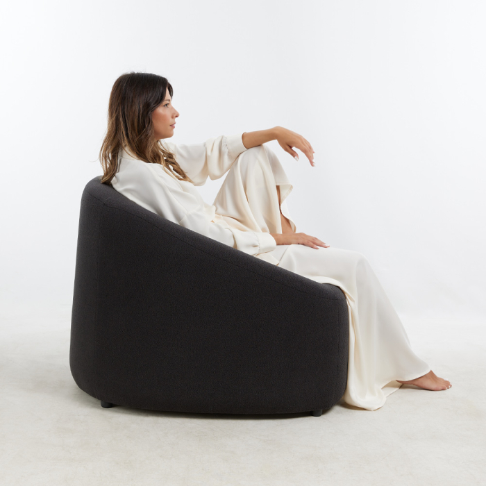 Fotoliu living rotund tapițat bouclé gri închis cu structură din lemn fag [2]