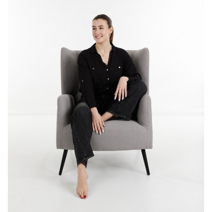 Fotoliu living tapițat bouclé gri cu structură din lemn de cauciuc [2]