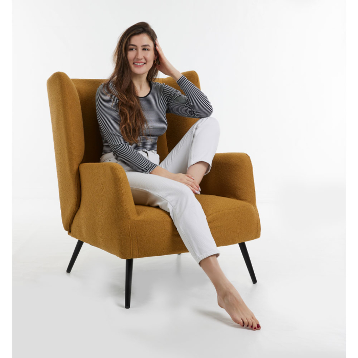 Fotoliu living tapițat bouclé muștar cu structură din lemn de cauciuc [2]