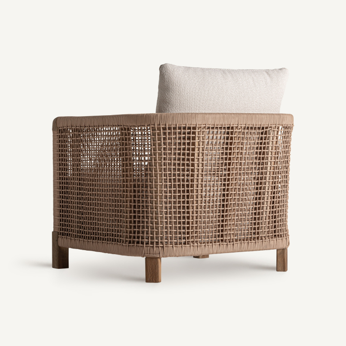 Fotoliu exterior HoReCa din lemn de tec reciclat cu stofă hidrofugă bej [4]