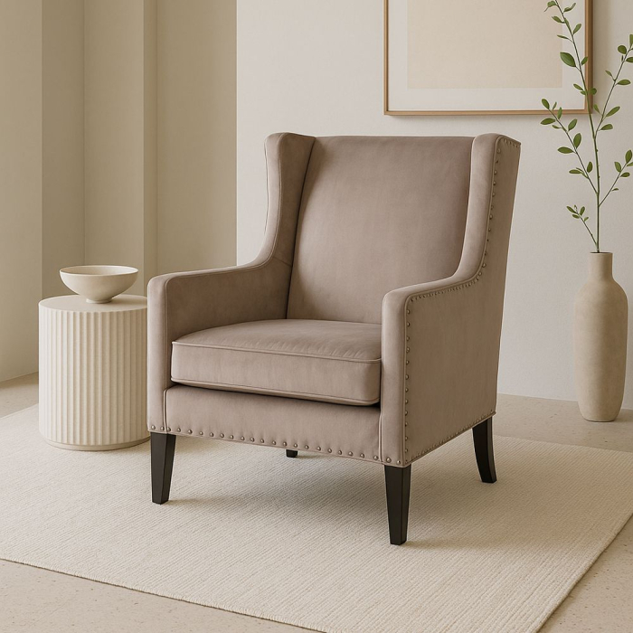 Fotoliu pentru living gri taupe din catifea cu picioare negre RICHIE [2]