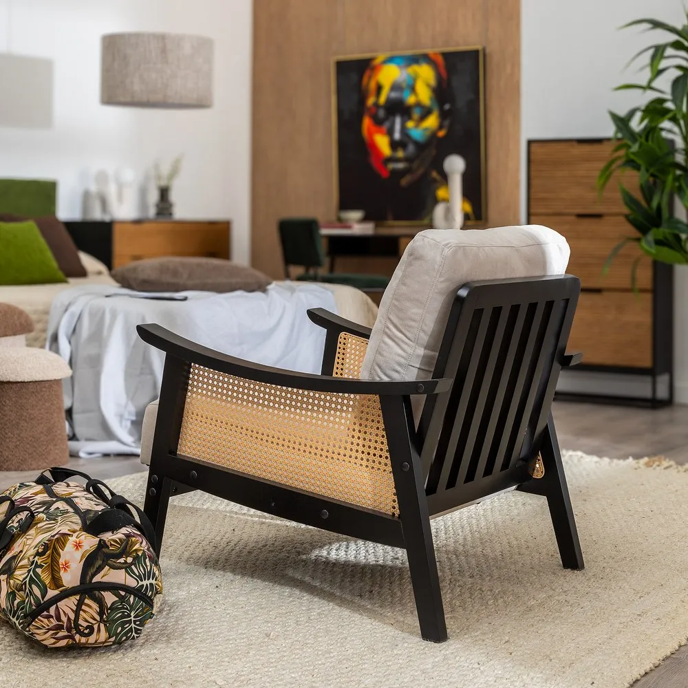 Fotoliu Ratan-Lemn Negru Stofa Crem Ami - CreativDeco.ro [2]