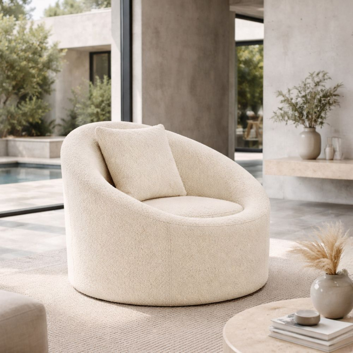 Fotoliu scandinav crem – imagine frontală cu bază rotativă și pernă textilă crem [2]