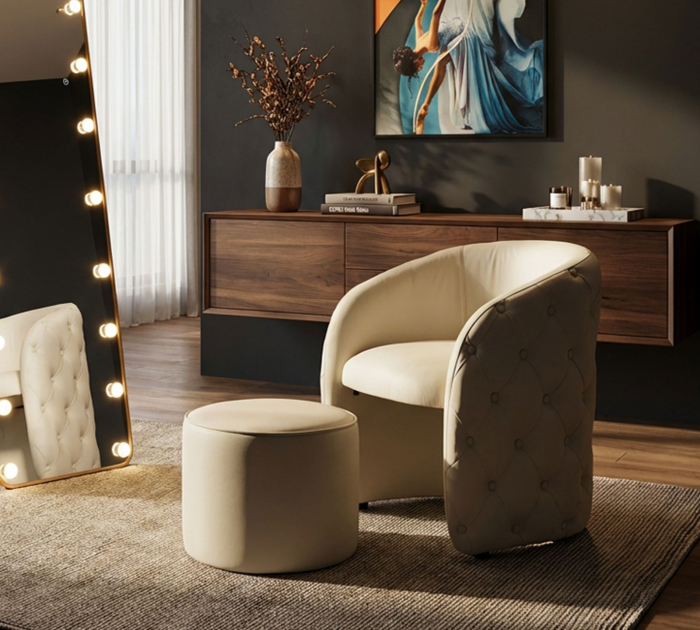 Fotoliu tapițat alb tip scoică cu taburet rotund inclus design elegant [9]