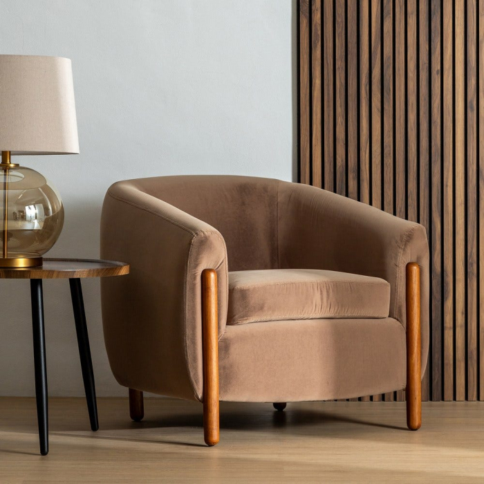 Fotoliu taupe catifea si lemn|Fotolii premium pentru decor rafinat [12]
