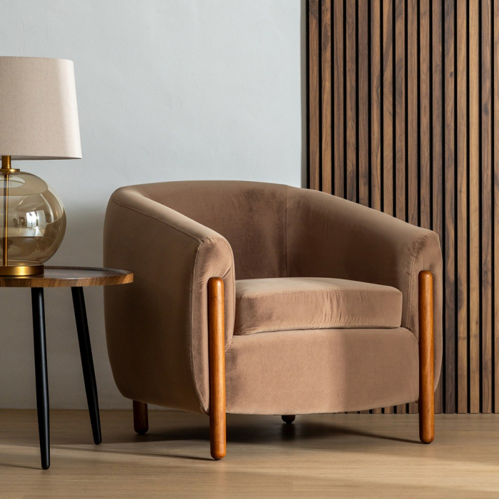 Fotoliu taupe catifea si lemn|Fotolii premium pentru decor rafinat [2]