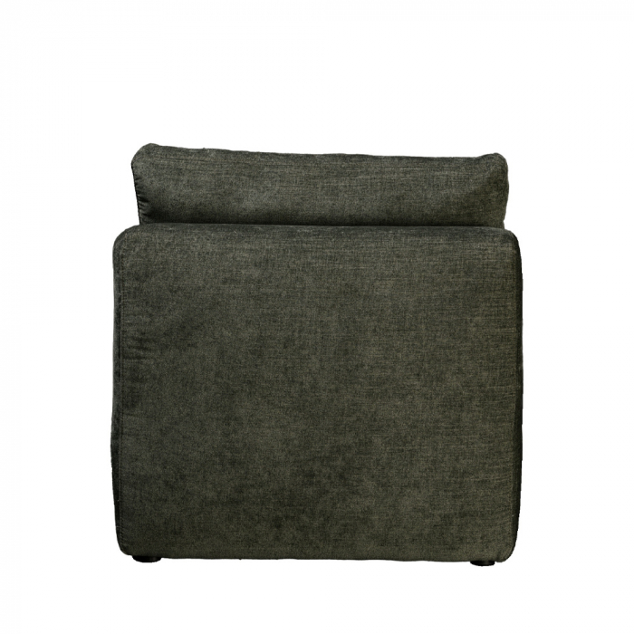 Fotoliu Box verde oliv – vedere frontală cu perne decorative și ambient natural [4]
