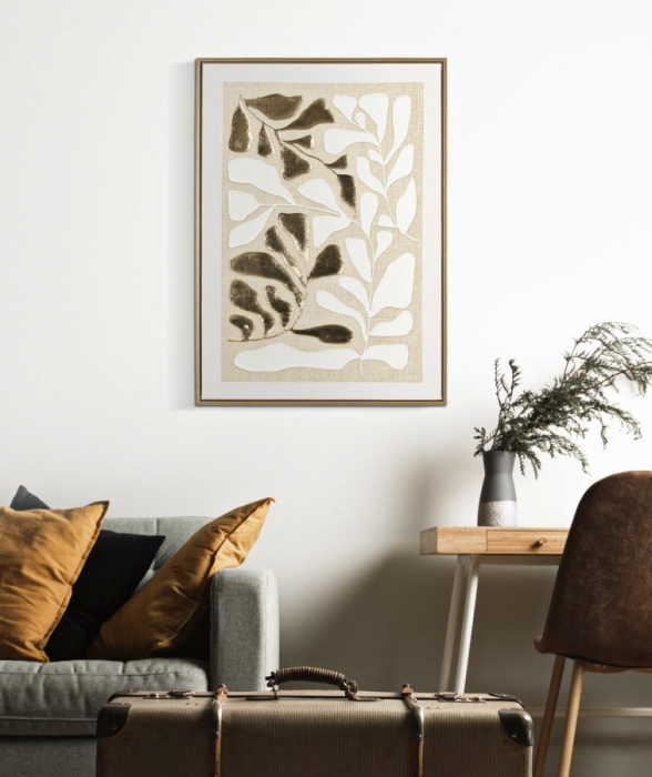 Tablou decorativ frunze abstracte alb și auriu 50x70 cm – detalii 3D pe pânză texturată [5]
