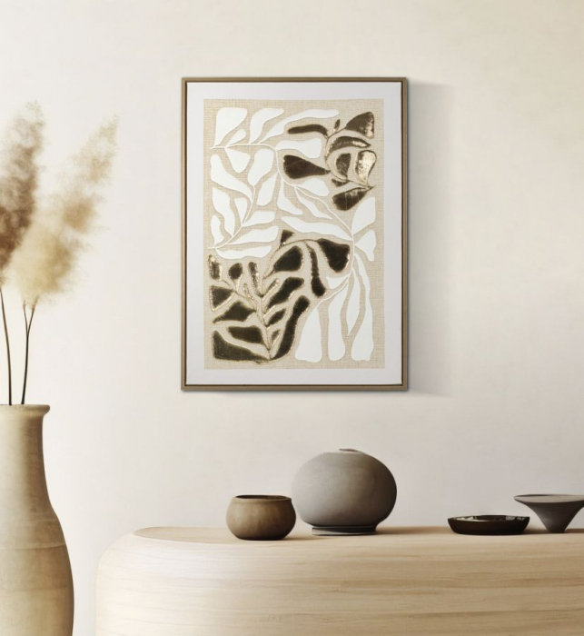 Tablou decorativ abstract alb-auriu cu frunze în relief 50x70 cm – compoziție cu texturi metalizate și ramă subțire [2]