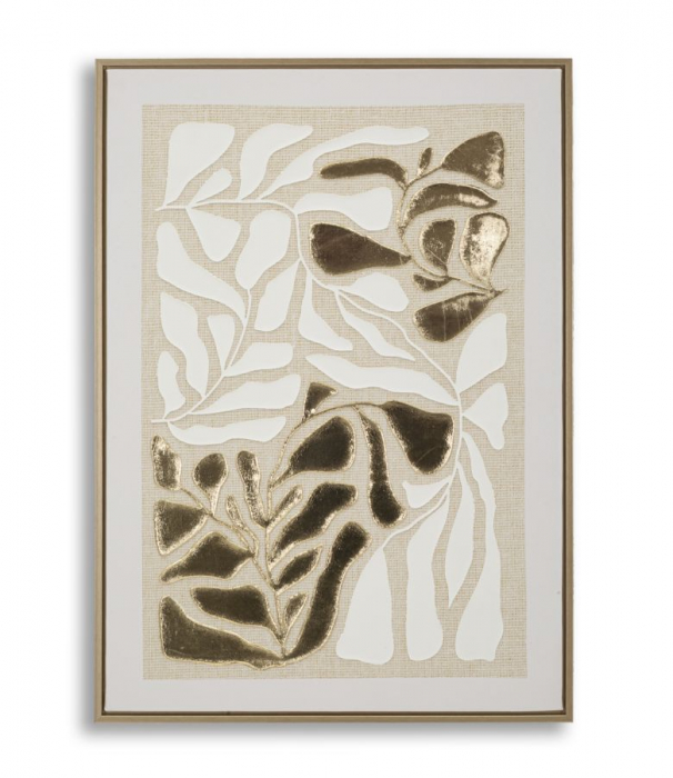 Tablou decorativ abstract alb-auriu cu frunze în relief 50x70 cm – compoziție cu texturi metalizate și ramă subțire [1]