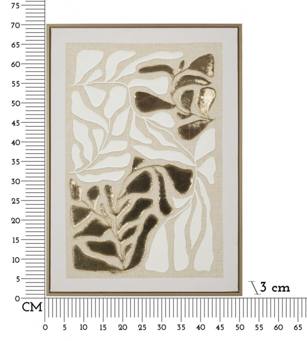 Tablou decorativ abstract alb-auriu cu frunze în relief 50x70 cm – compoziție cu texturi metalizate și ramă subțire [6]
