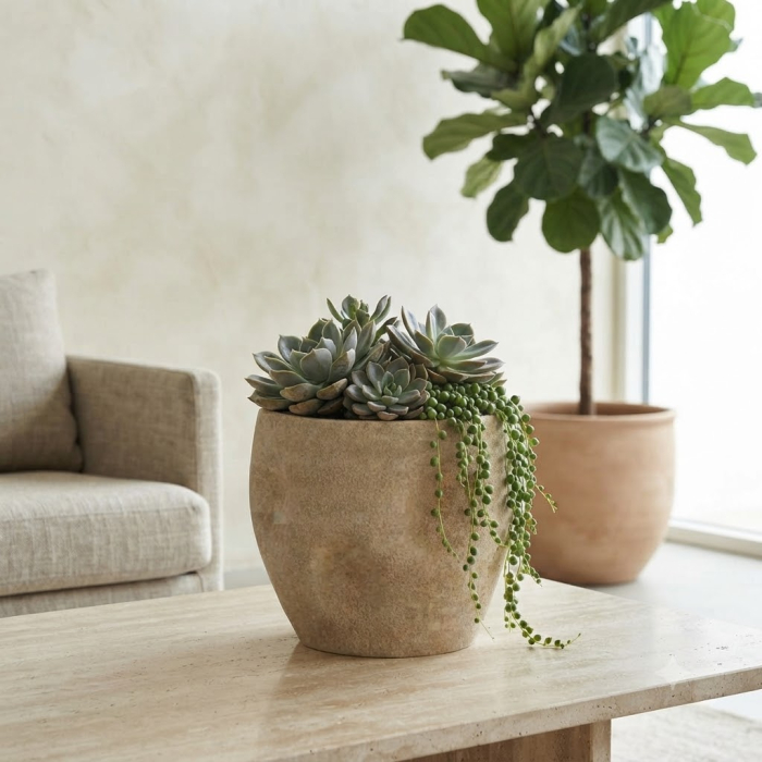 Ghiveci decorativ ceramică bej aspect piatră rotunjit [6]