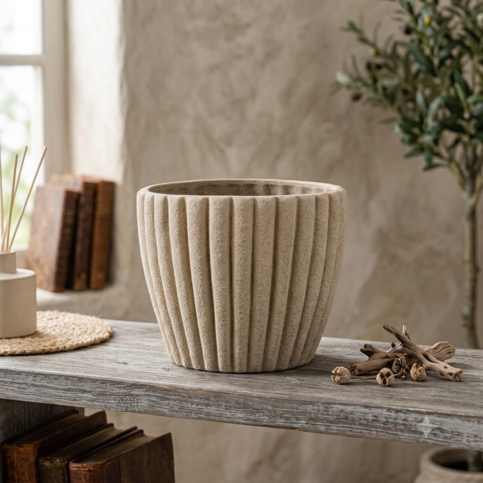 Ghiveci decorativ ceramică bej aspect piatră rotunjit striat [2]