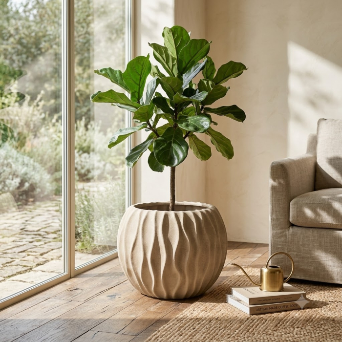 Ghiveci decorativ din ceramică bej cu model ondulat formă rotunjită mare [2]
