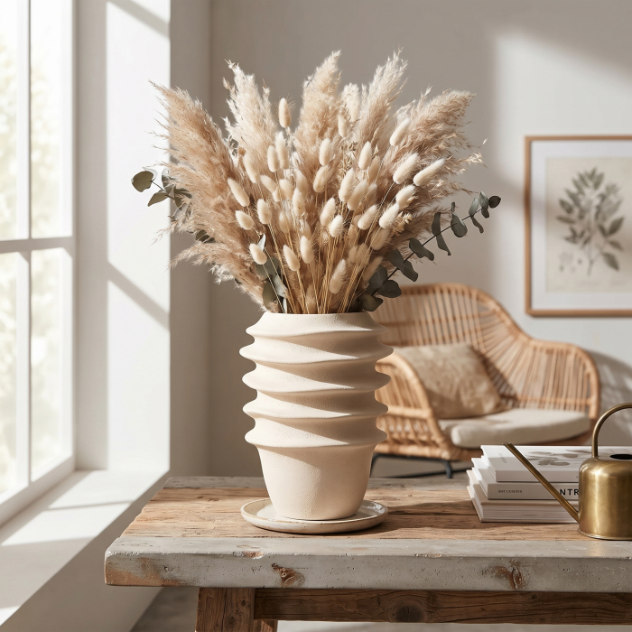 Ghiveci decorativ din ceramică crem cu striații organice suprapuse [2]