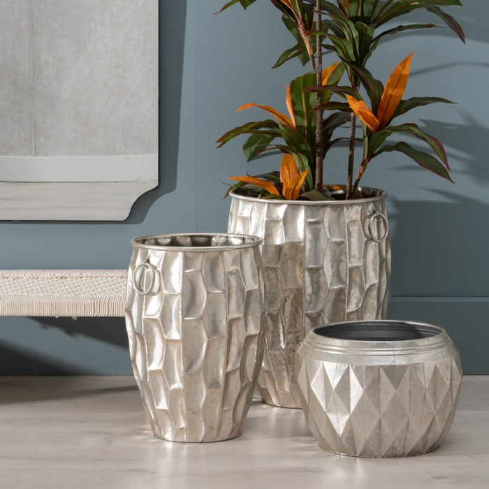 Ghiveci decorativ din metal argintiu cu mânere inelare [2]