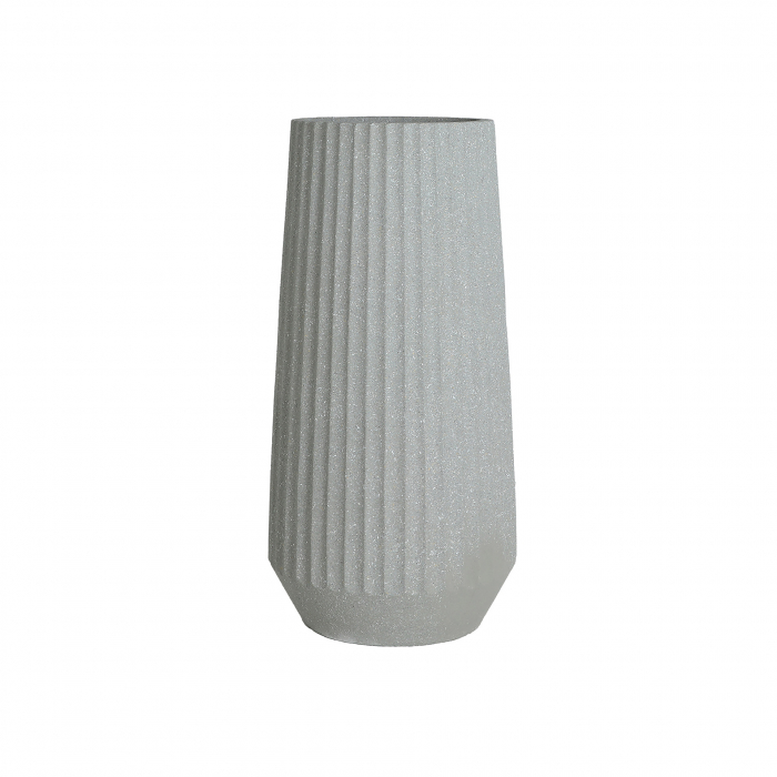 Ghiveci decorativ inalt din polirășină gri – formă conică și textură striată [1]
