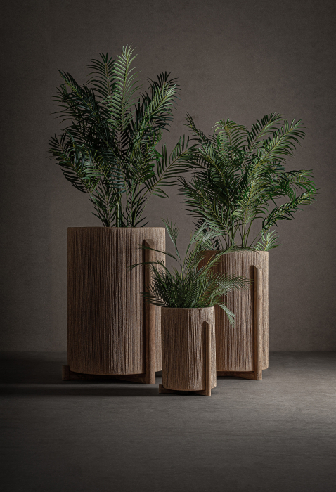 Ghiveci decorativ din lemn de mango și rafie cu volum sculptural Jacquard [2]