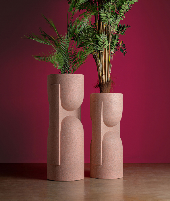 Ghiveci decorativ din polirășină roz – formă cilindrică sculpturală 90 cm [2]