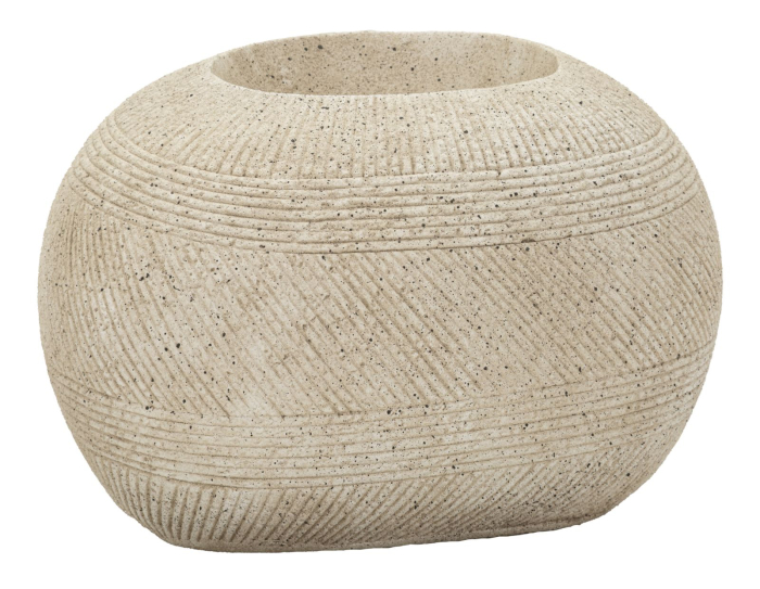 Ghiveci exterior gri din polirășină cu formă ovală joasă și textură fin striată Stone [2]