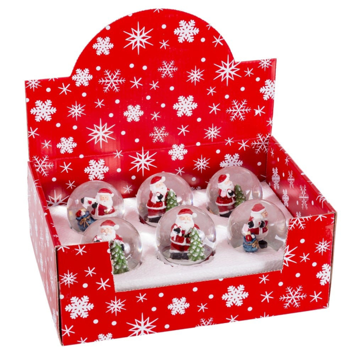 Glob de zăpadă cu Moș Crăciun lângă un brad pe soclu roșu cu brăduți și cadouri [2]