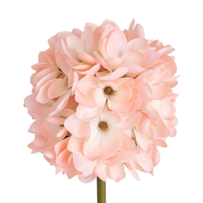 Hortensie artificială roz somon cu cap rotund din floricele roz pe tijă verde de 110 cm [3]