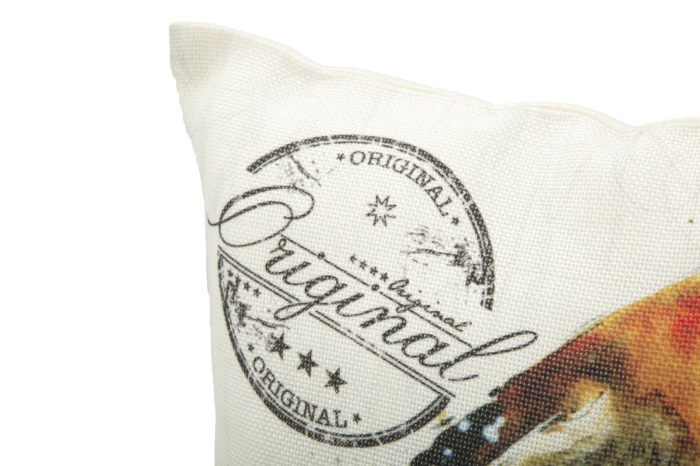 Husă pentru pernă decorativă crem cu pasăre cântătoare în acuarelă, flori roșii și ștampile vintage [3]