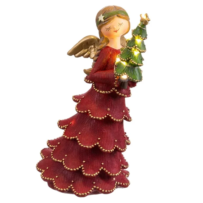 Înger decorativ roșu cu brad luminos rășină Crăciun|Decoruri festive fermecătoare [2]