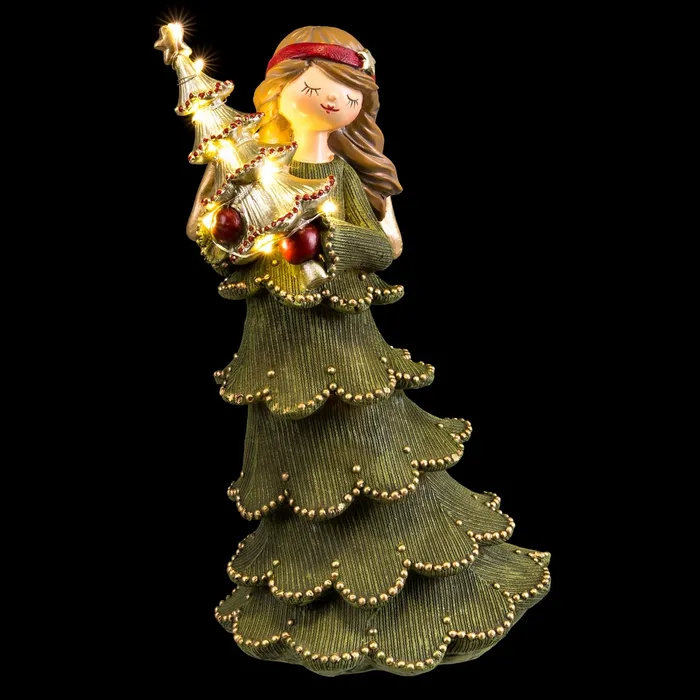 Înger decorativ cu brad luminos rășină verde Crăciun|Decoruri festive elegante [1]