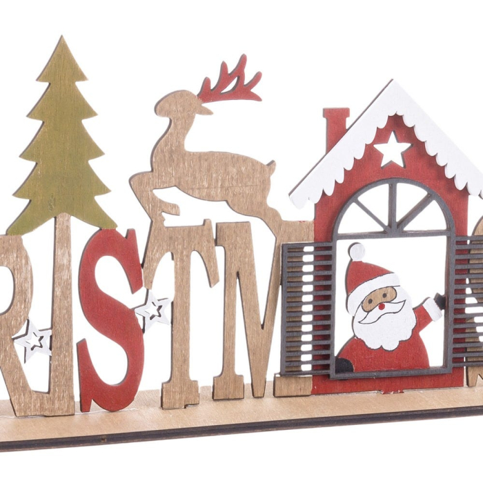 Inscripție decorativă CHRISTMAS din lemn cu litere roșii brad verde ren în salt și căsuță cu Moș [2]