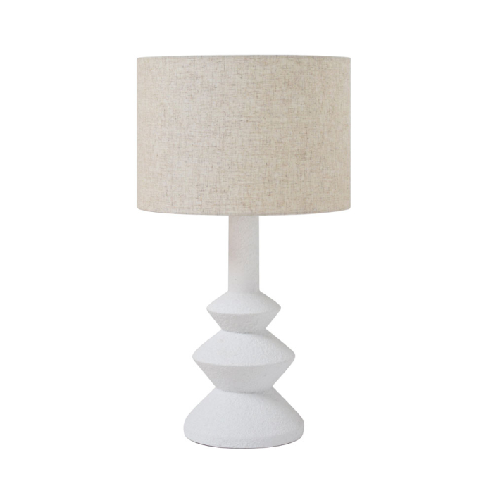 Lampă de masă albă cu abajur textil bej și bază din beton decorativ – model SEB [1]