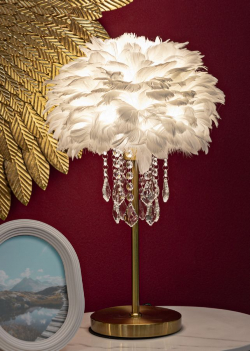 Lampa de masa cu cristale si abajur cu pene CreativDeco [5]