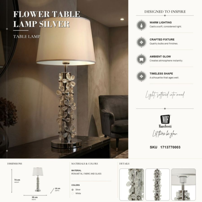 Lampă de masă floare gri metalizat decorativă abajur alb [7]