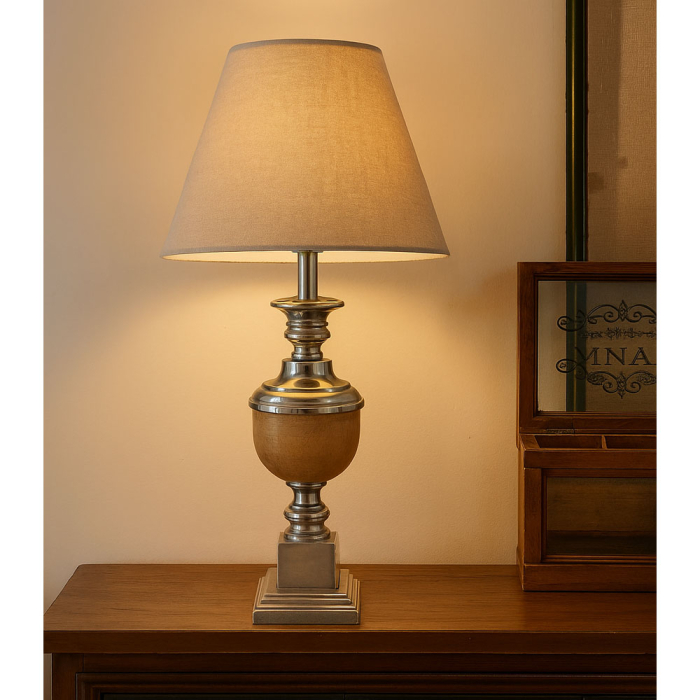 Lampă de masă aluminiu lemn textil bej scandinavă [2]