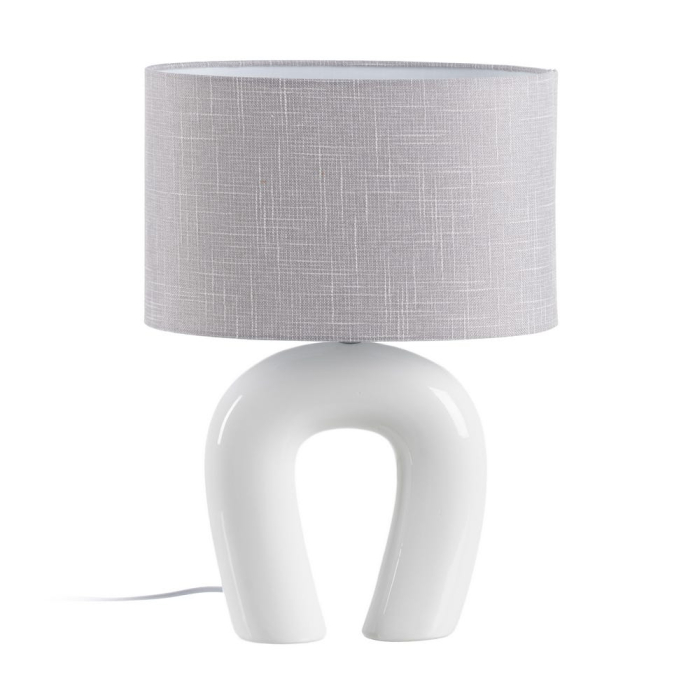 Lampă de masă din ceramică albă – abajur din in cilindric [1]