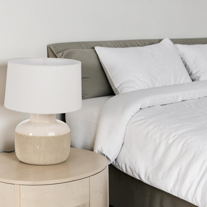 Lampa ceramica bej cu abajur bumbac pentru noptiera|Lampi naturale pentru interioare relaxate [2]
