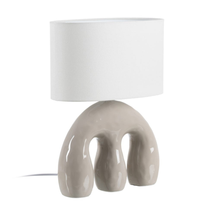 Lampa de masă din ceramică bej – bază sculpturală arcuită, abajur din in [1]