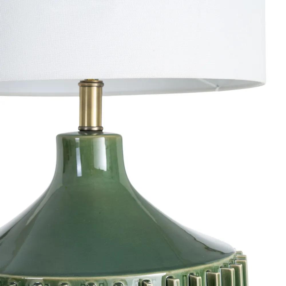 Lampă de masă din ceramică verde cu abajur din stofă albă [4]