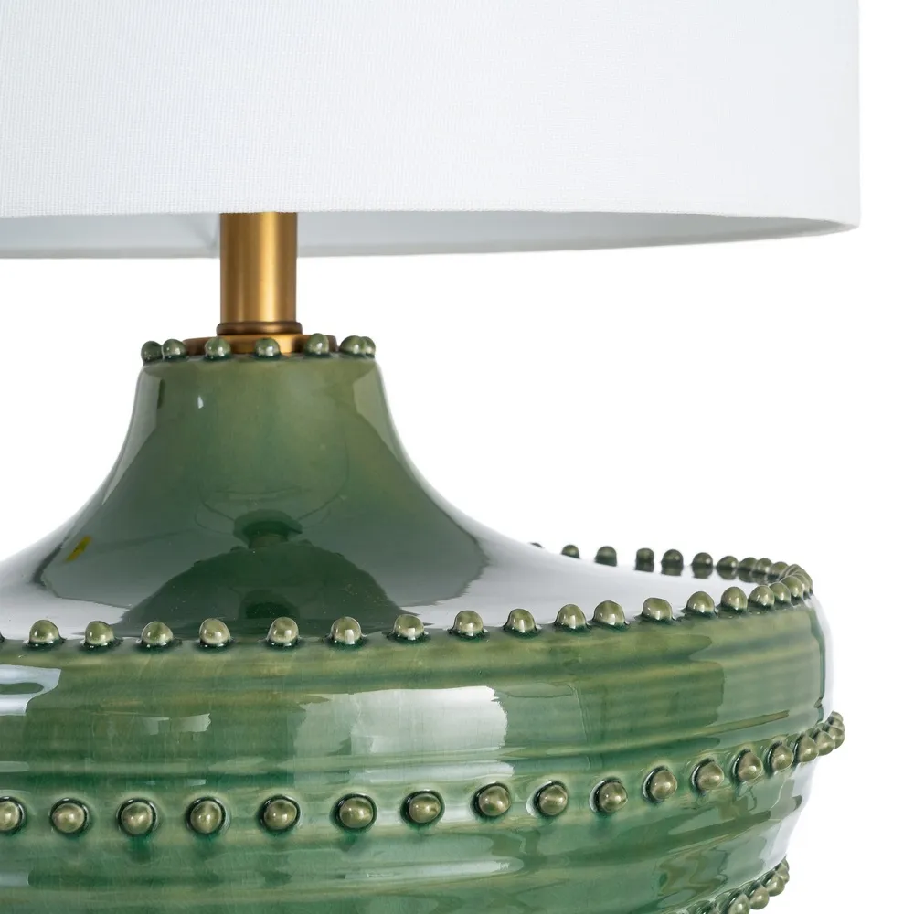 Lampă de masă din ceramică verde și metal cu abajur din stofă albă [4]