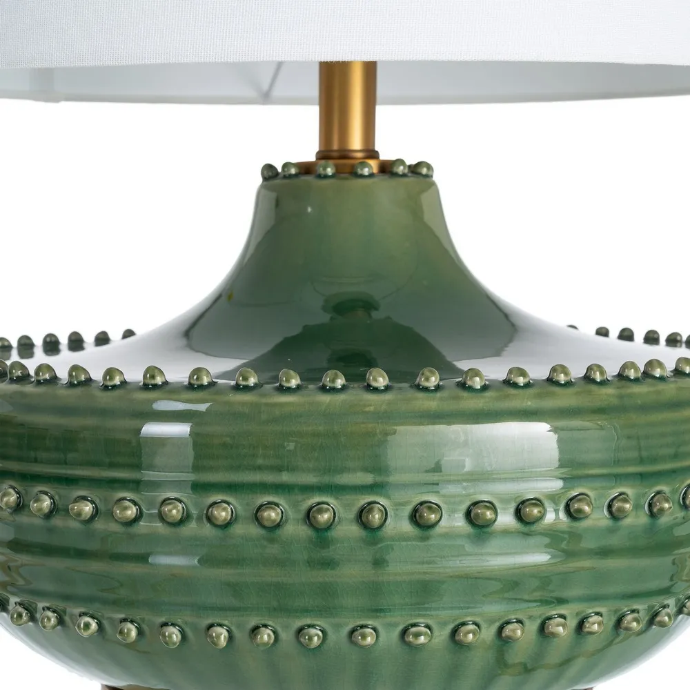 Lampă de masă din ceramică verde și metal cu abajur din stofă albă [5]