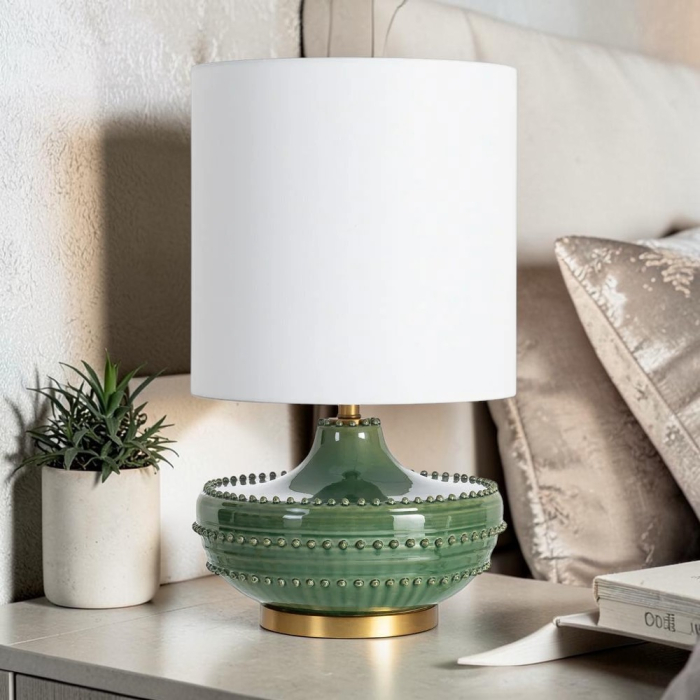 Lampă de masă din ceramică verde și metal cu abajur din stofă albă [2]