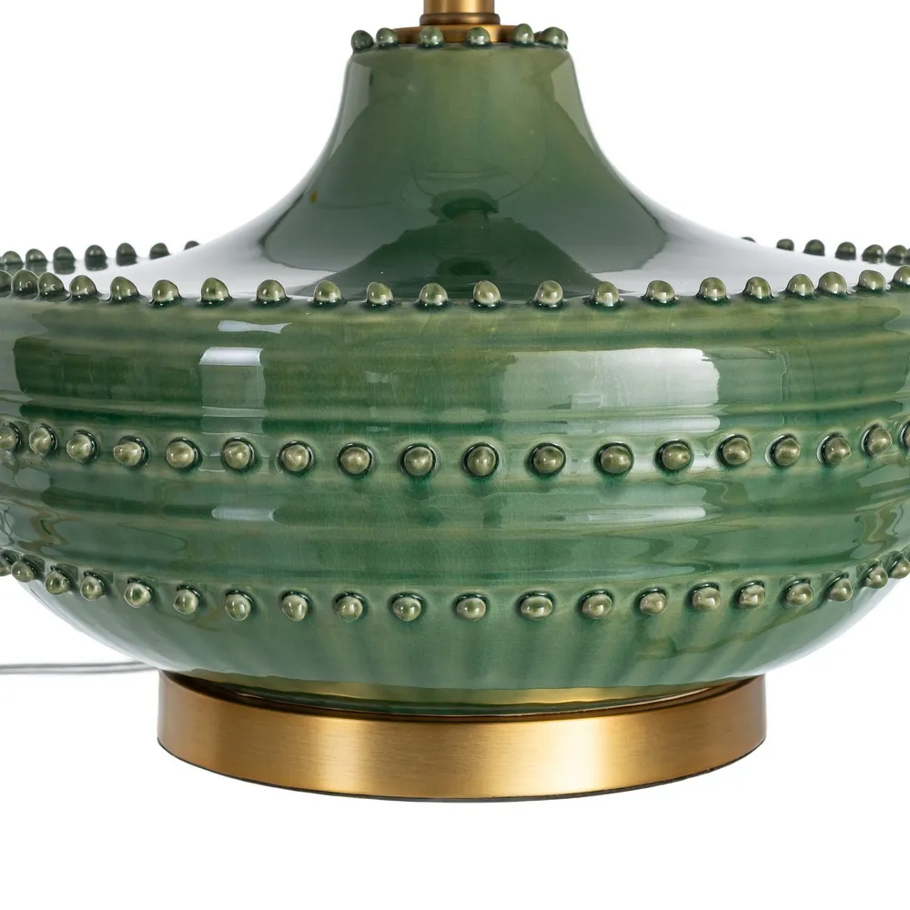 Lampă de masă din ceramică verde și metal cu abajur din stofă albă [3]