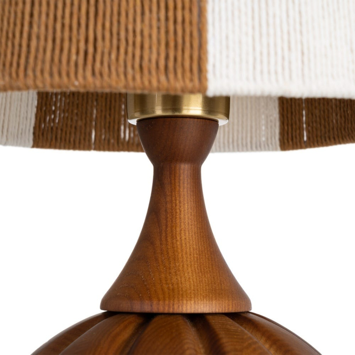 Lampă de masă din lemn maro cu bază sculptată și abajur din fibră de hârtie [3]
