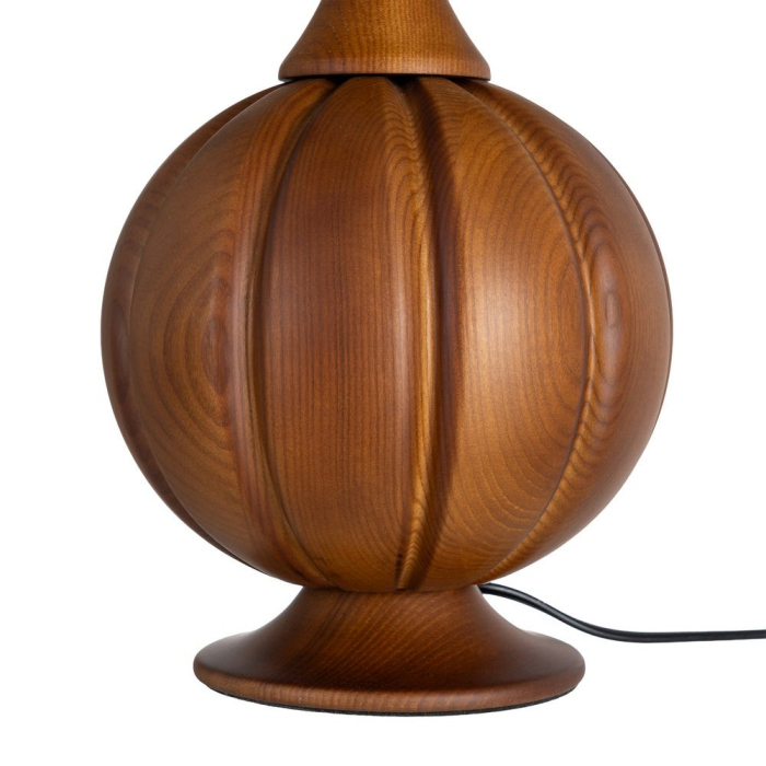 Lampă de masă din lemn maro cu bază sculptată și abajur din fibră de hârtie [6]