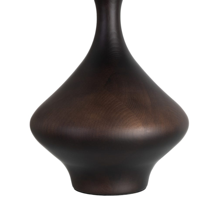 Lampă de masă din lemn maro închis cu bază sculpturală și abajur alb din stofă [5]