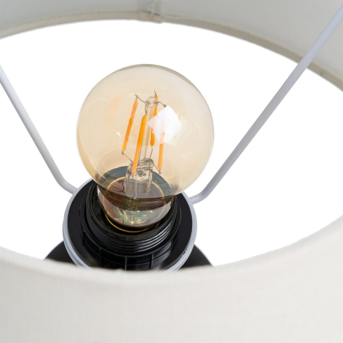 Lampă de masă din lemn maro închis cu bază sculpturală și abajur alb din stofă [6]