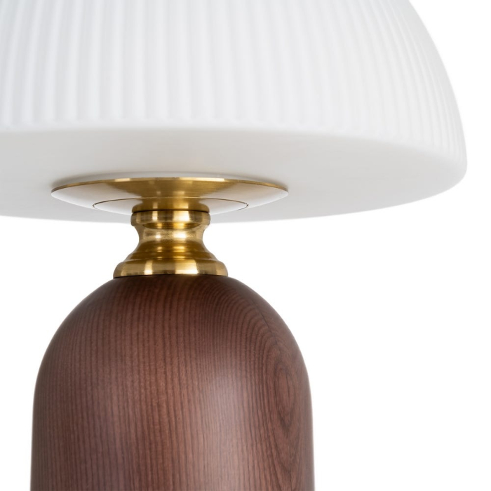 Lampă de masă din lemn maro și metal auriu cu abajur din sticlă albă [3]