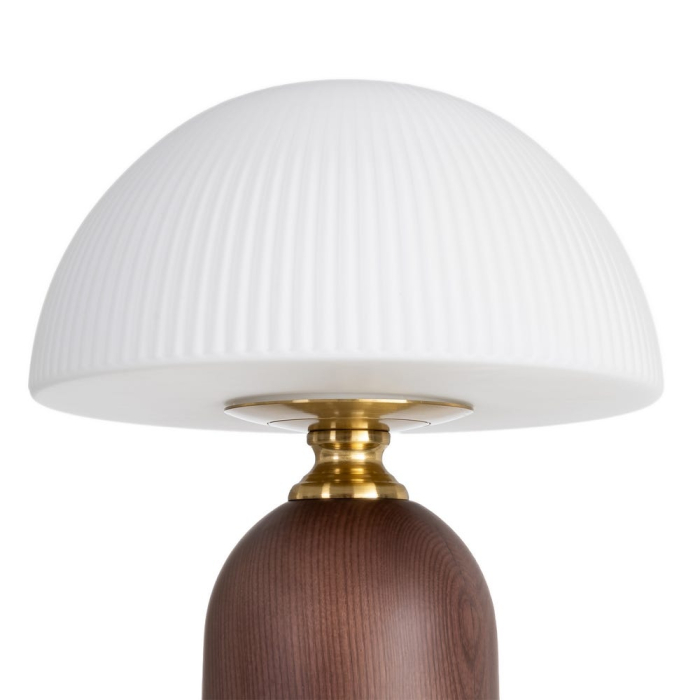 Lampă de masă din lemn maro și metal auriu cu abajur din sticlă albă [4]