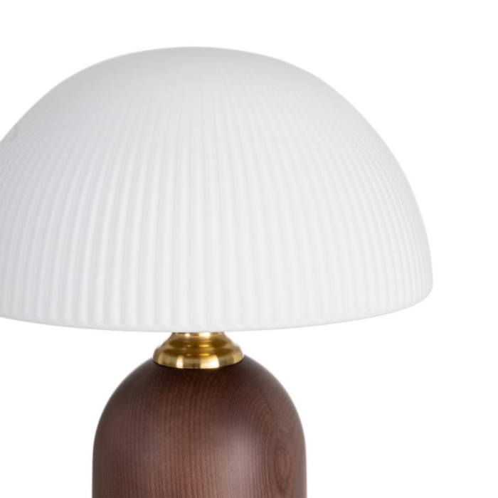 Lampă de masă din lemn maro și metal auriu cu abajur din sticlă albă [2]