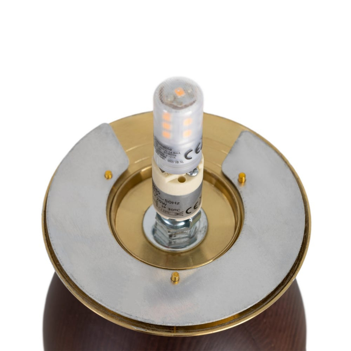 Lampă de masă din lemn maro și metal auriu cu abajur din sticlă albă [6]